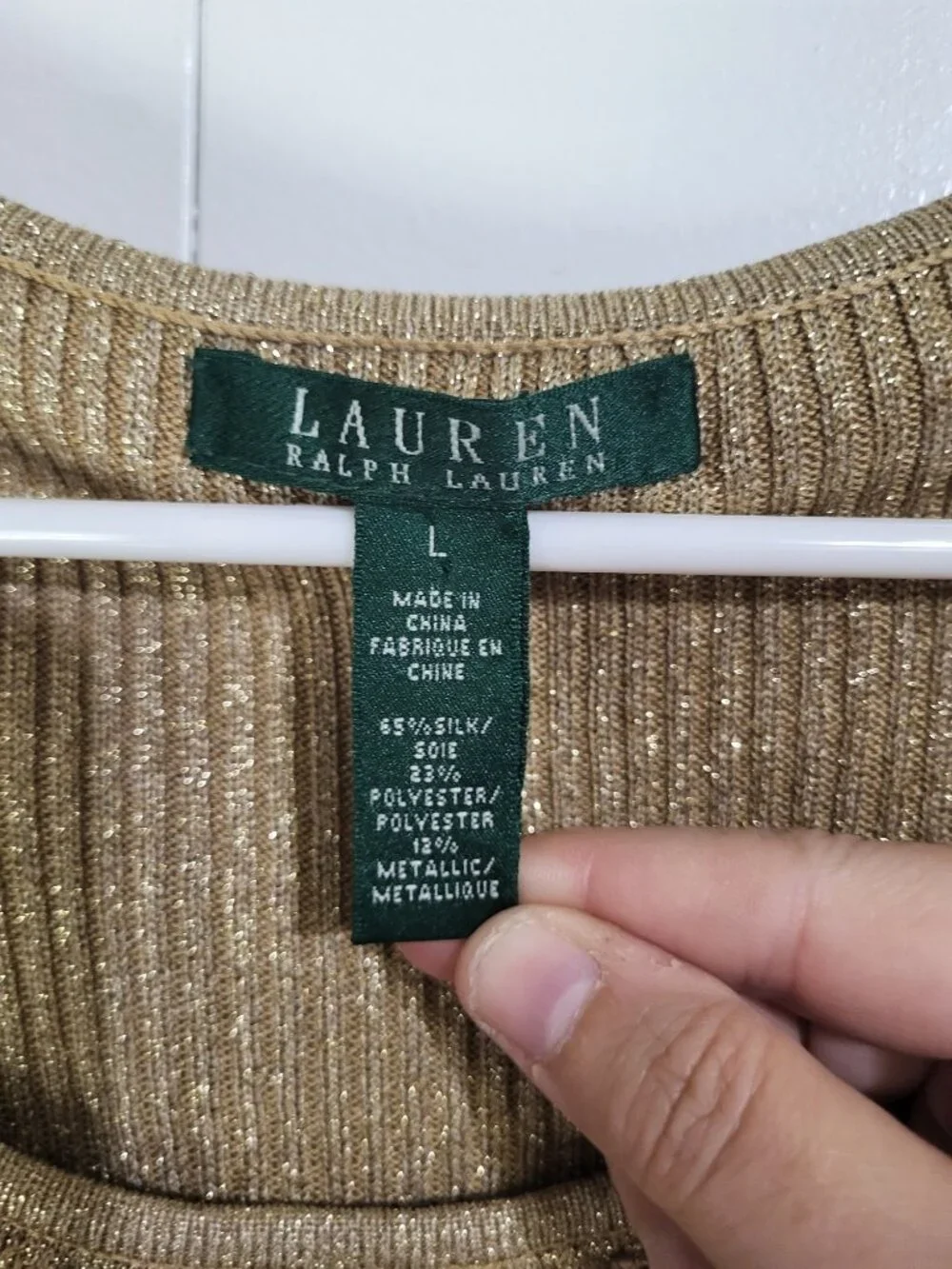 LAUREN RALPH LAUREN Womens L Gold Metallic Silk Polyester Ribbed Sweater Ruffle - Picture 5 of 7